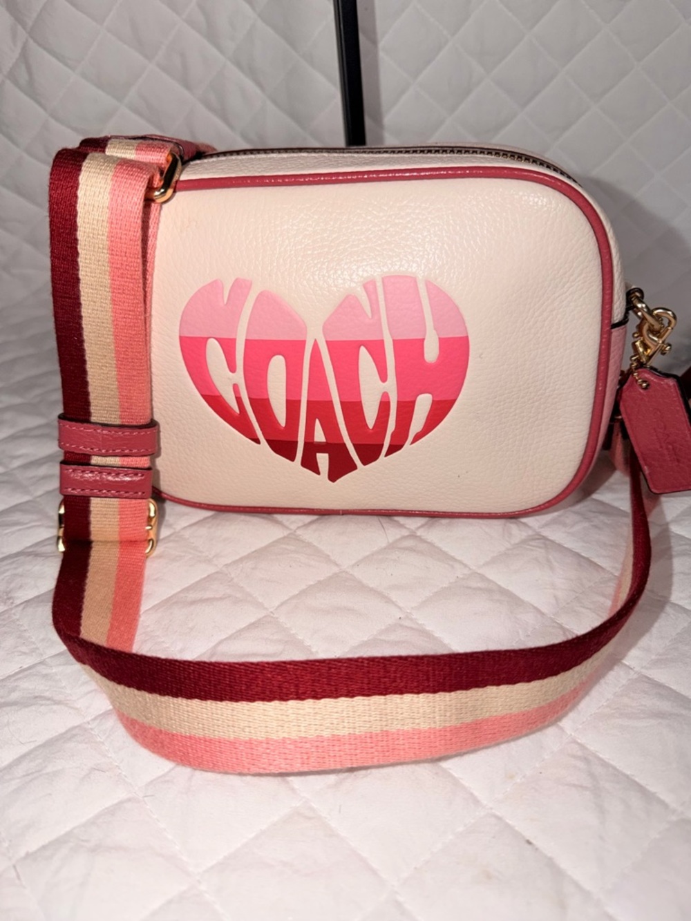 Coach Cream Crossbody with Pink Ombre Heart Logo and Striped Strap